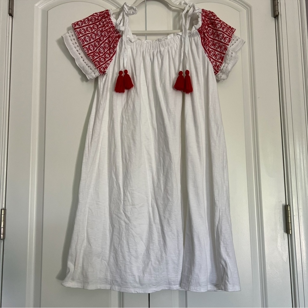 Crown Ivy Off Shoulder 100% Cotton Shift Mini Dress white Red Eyelet XL